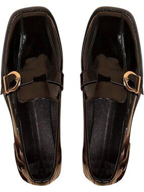 🆕 Women's Patent Leather Square Toe Loafers Gold Buckle Casual Black Slip On Sh